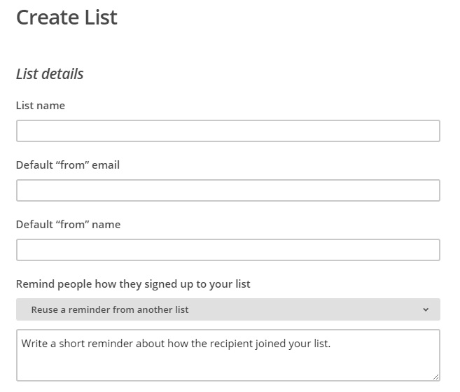 MailChimp's Creat List screen