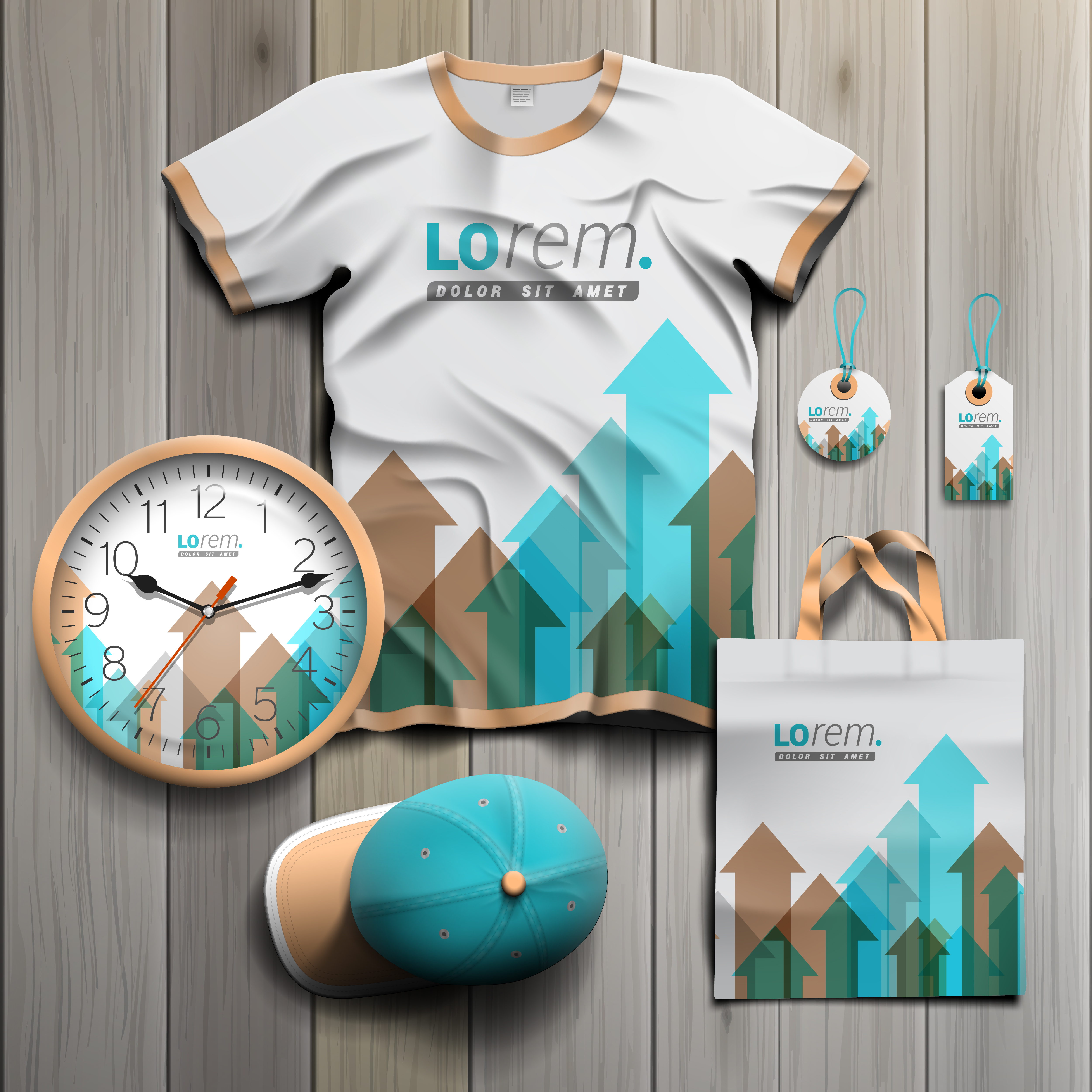 White promotional souvenirs design for corporate identity with blue and brown arrows. Stationery set
